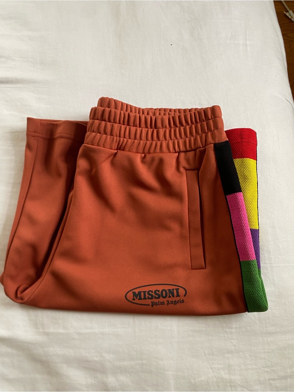 Palm Angels Rust Track Pants with Multicolor Side Stripe